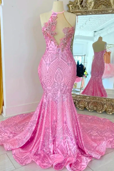 Sparkly Pink Prom Dresses 2023 Sequin Halter Neck Birthday Women Party Gowns Backless Robes De Bal Long Evening Dresses