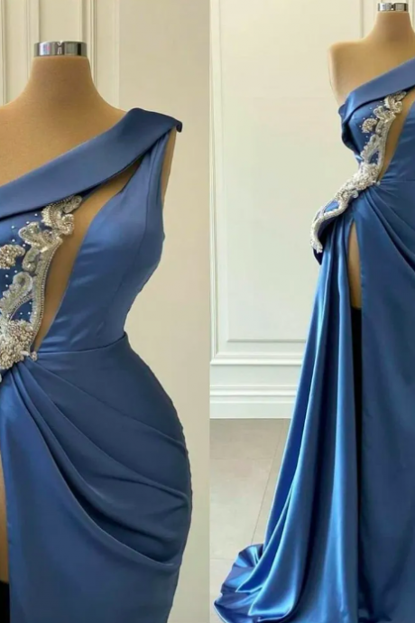 Elegant Satin Blue Evening Dresses Mermaid 2022 One Shoulder Sequins Beaded Formal Gowns Sexy High Split Arabic Prom Special Occasion Dress Robes