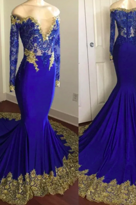 Sparkly Sequined Royal Blue Mermaid African Prom Dresses 2023 Long Sleeves Graduation Formal Dress Plus Size Evening Gowns Golden Lace