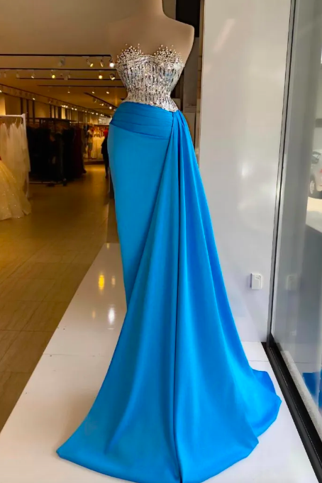Elegant Blue Sequined Mermaid Evening Dresses Crystal Beaded Sweetheart Formal Prom Gowns Custom Made Plus Size Pageant Wear Party Dress