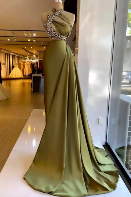 Elegant Green Mermaid Evening Dresses Halter Neck Beaded Crystal Prom Dress With Train Formal Party Gowns Custom Made Robe De Mariee