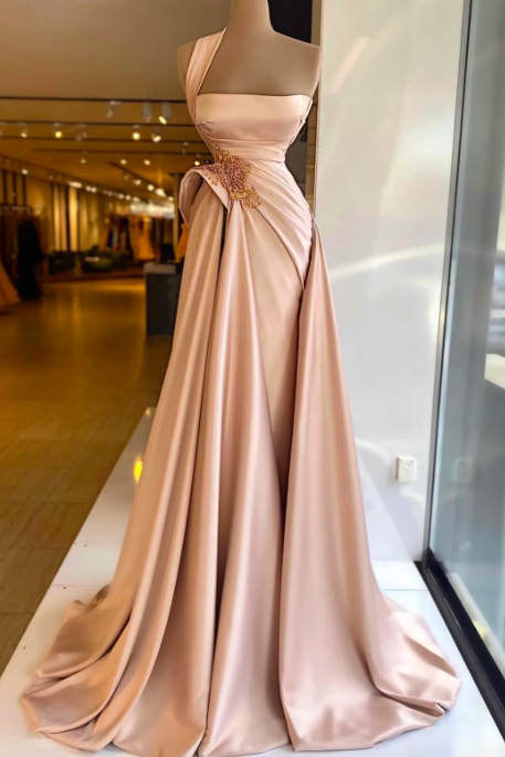 One Shoulder Pink Satin Mermaid Evening Dresses Crystal Beaded High Side Split Formal Prom Gowns Custom Made Plus Size Pageant Wear Party Dress