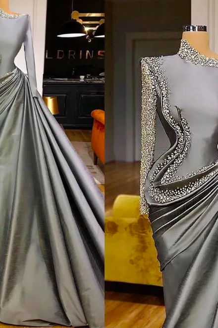 2023 Grey Mermaid Prom Dresses Designer Long Sleeves Sparkly Sequins Beaded Ruffles Custom Made Evening Gown Formal Occasion Wear Vestidos Plus