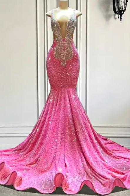 Luxury Long Prom Dresses Sexy Mermaid Sparkly Pink Sequin Black Girls Crystals Evening Formal Gala Party Gowns Robe De Soiree Vestidos