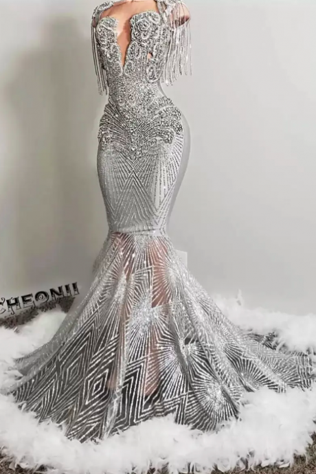 Sparkly Silver Crystal Mermaid Prom Dresses Beaded Sequined Black Girls Evening Dress With Feather Sleeveless Party Gowns Robes Vestidos Noche