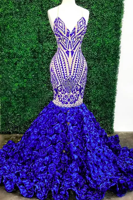 Blue Beaded Mermaid Prom Dresses V Neck Rhinestones Evening Gowns Plus Size Ruffled Sweep Train Formal Dress
