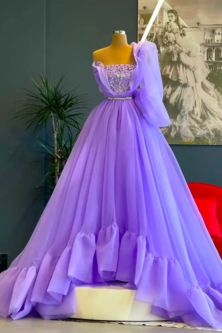 Elegant Purple Prom Dresses Long One Shoulder Tulle Ball Gown Appliques Beaded Crystals Women Formal Evening Party Gowns Special Occasion Dress