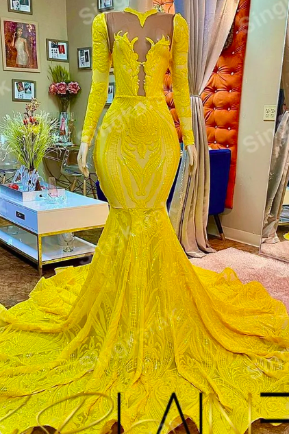 Luxury Mermaid Prom Dresses Yellow Long Sleeves Sequins Birthday Party Gowns Evening Dresses Formal Robe De Soirée Femme