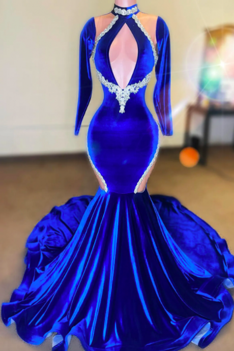 Royal Blue Mermaid Prom Dress Velvet High Neck Silver Beads Celebrity Party Evening Gowns Formal Occasion Dresses