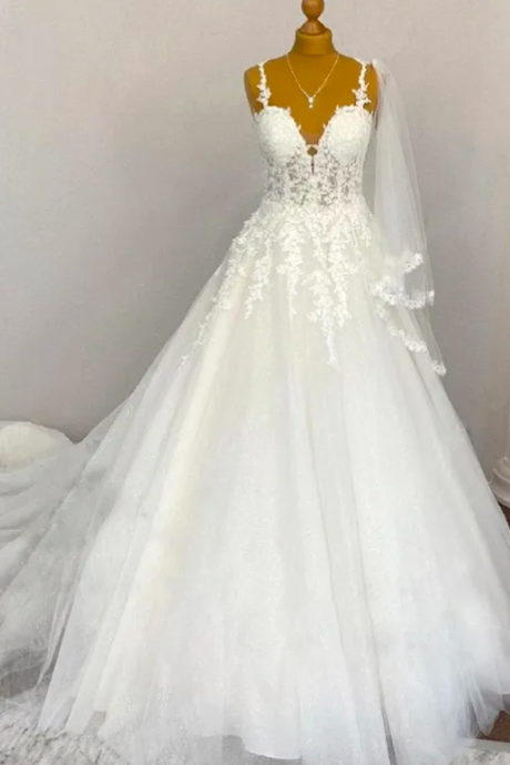 Vintage White Boho A Line Wedding Dresses 2023 With Veil Spaghetti Strap Lace Appliques Plus Size Bridal Party Gowns Vestido De Novia