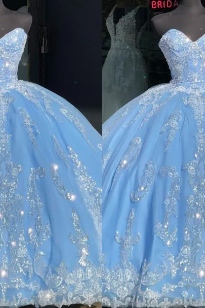 Bling Ivory Sequins Applique Prom Quinceanera Dresses Light Sky Blue Strapless Corset Backless Princess Formal Dress Evening Sweet 15 16 Girls