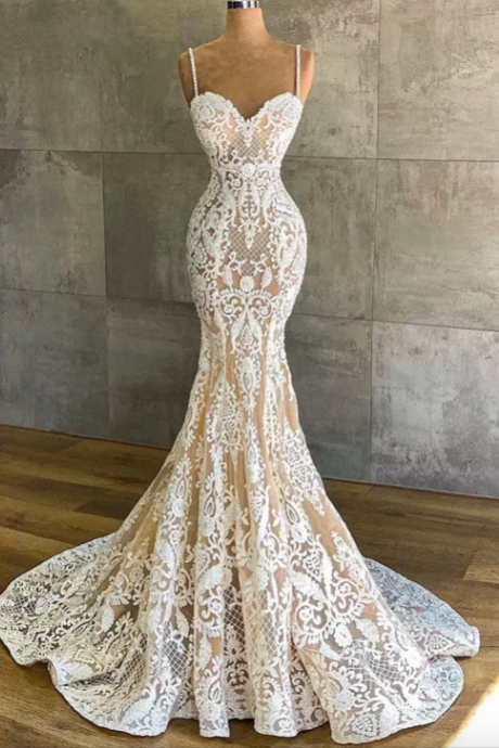 2023 African Mermaid Wedding Dresses, Champagne Spaghetti Straps Illusion White Lace Appliques, Sleeveless Bride Dresses, Bridal Gowns Plus Size Sweep Train
