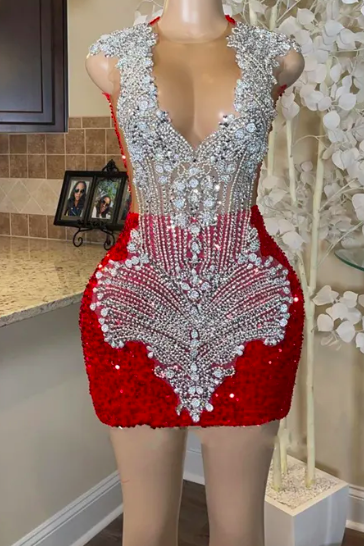Glitter Diamonds Red Prom Dresses Sparkly Beads Crystal Rhinestones Birthday Party Dress Cocktail Homecoming Gowns Robe De Bal