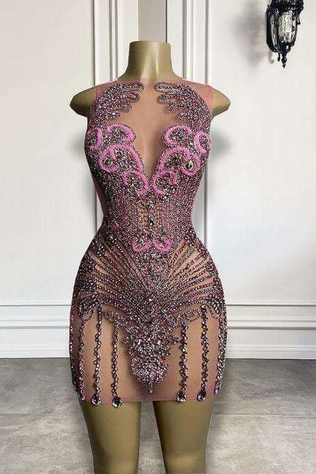 Sexy See Through Black Girls Birthday Party Gowns Sparkly Luxury Pink Diamond Women Short Prom Dresses 2023