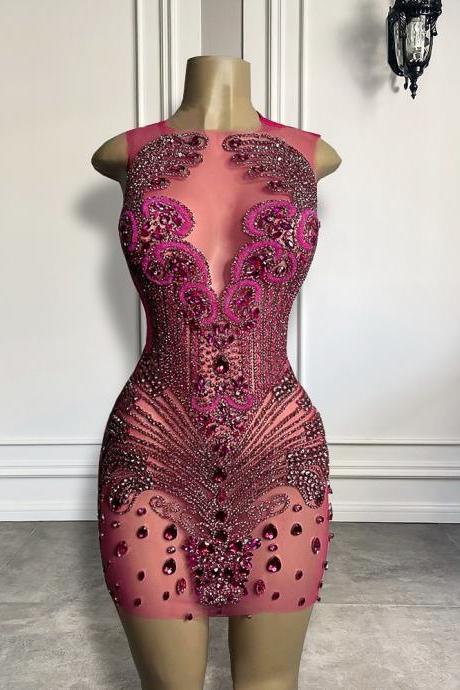 Luxury Hot Pink Sparkly Diamond Black Girl Birthday Party Formal Gowns Sexy See Through Women Short Prom Dresses 2023