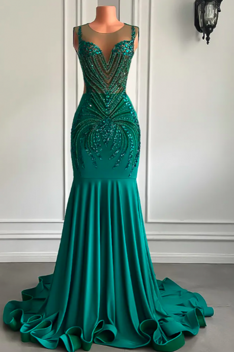 Sexy Mermaid Prom Dresses 2023 Sheer Mesh Luxury Handmade Beaded Emerald Green Black Girls Long Prom Dress Formal Gowns