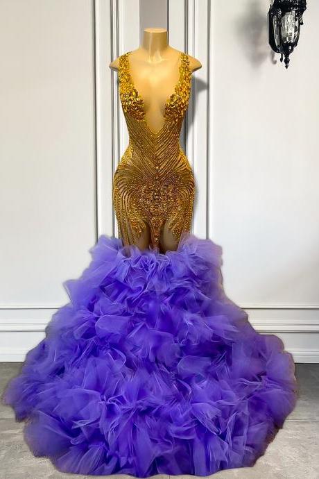 Luxury Sparkly Long Prom Dresses 2023 Mermaid Style Purple Ruffles Handmade Gold Beaded Black Girl Prom Formal Gowns