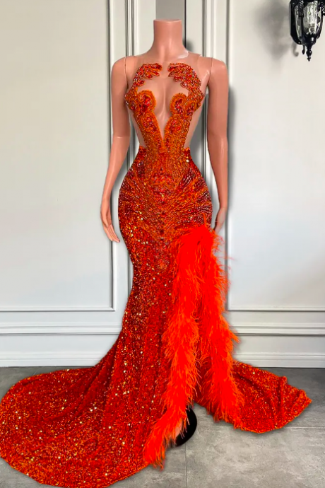 Luxury Long Orange Prom Dresses 2023 Sexy Side Slit Feather Sheer O-neck Luxury Diamond Black Girls Mermaid Prom Party Gowns