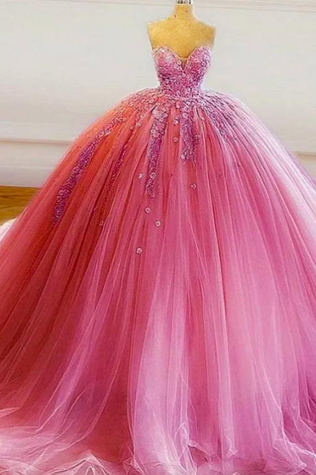 Robe De Soiree Fuchsia Pink Ball Gown Prom Dresses Appliques Beaded Princess Puffy Sweetheart Party Dress Sweet 16 Long Quinceanera