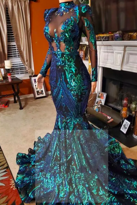 2024 Long Sleeve High Neck Prom Dresses Emerald Green Lace Mermaid Evening Dress 2022 Formal Gowns Beaded Vestido Sirena Largo