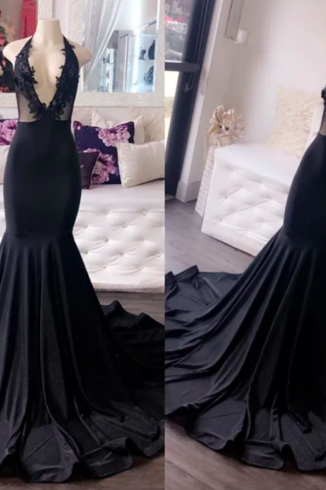2023 Sexy African Black Mermaid Prom Dresses Deep V Neck Applique Lace Special Occasion Evening Gowns