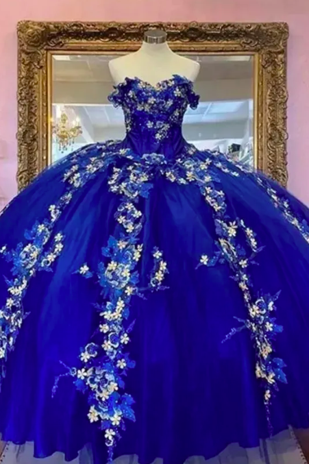 2023 Gorgeous Royal Blue Quinceanera Dresses Beaded Flowers 3d Flora Puffy Ball Gown Evening Prom Dresess For Sweet 15 Teens Dress Corset