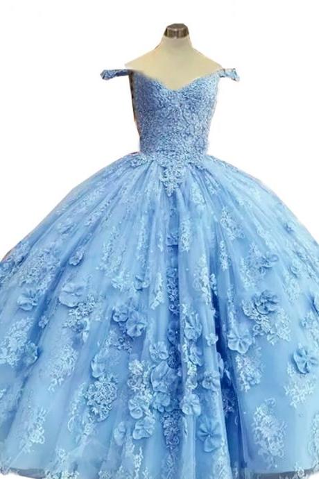 2023 Sexy Ball Gown Quinceanera Dresses Light Blue Lace Appliques Beads Hand Made 3d Flowers Sweet 16 Dress For 15 Years Prom Party Pageant Gowns