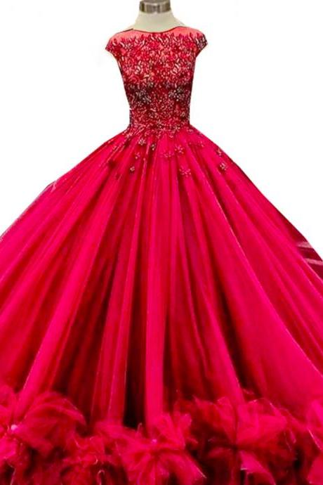 2023 Burgundy Ball Gown Quinceanera Dresses Ruffle Tulle Puffy Long Pageant Dresses Cap Sleeves Appliqued Sequined Prom Evening Party Gowns