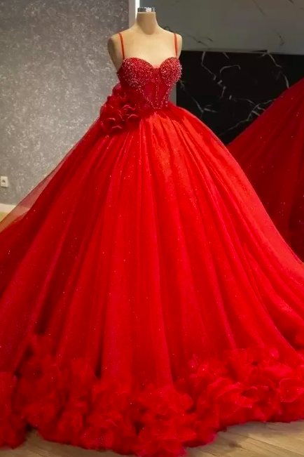 Red Glitter Ball Gown Quinceanera Dresses 2023 Beading Ruffles Flower Prom Gowns Sweet 15 Masquerade Dress