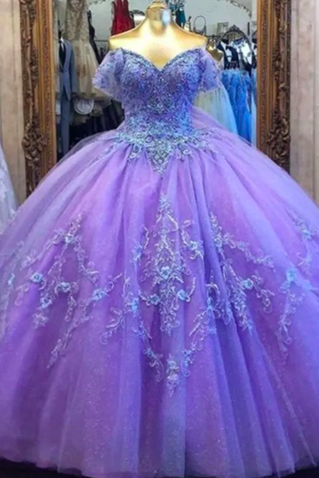 Off Shoulder Quinceanera Dresses Ball Gown Purple Tulle Sweet 16 Puffy Prom Dress Vestido De Fiesta