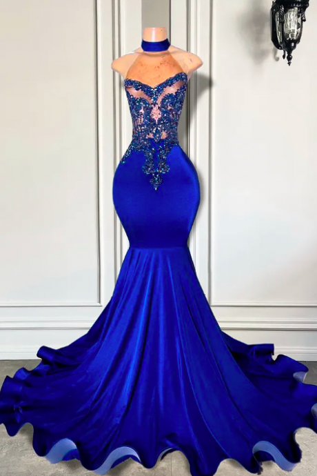 Long Prom Formal Dresses, 2023 Elegant High Neck Luxury Beaded, Embroidery Royal Blue Spandex Black Girl Mermaid, Evening Gala Gowns Robe De