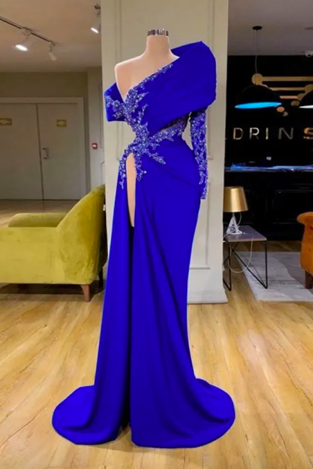 Royal Blue Evening Gowns Sexy High Slit Off The Shoulder Prom Dresses Appliques Beads Long Sleeve Mermaid Robe De Soiree