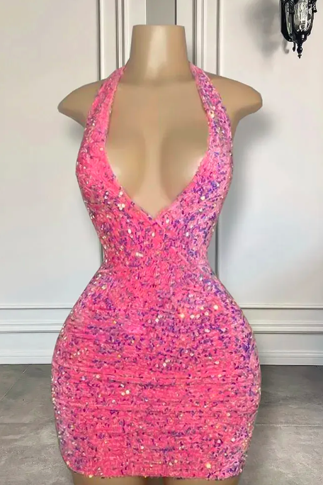 Sexy V-neck Women Short Prom Birthday Dress 2024 Low Back Pink Sequin African Black Girls Sequined Evening Party Gowns Vestidos De Longo Robe De