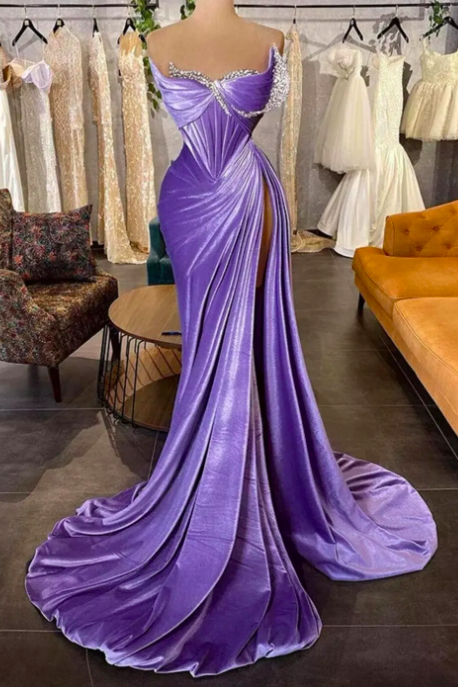 Lavender Elegant Velvet Prom Dresses, Dubai Arabic Mermaid, Women Special Occaion Party Gowns, Pleated Sparkly Crystals High Split Sexy Formal