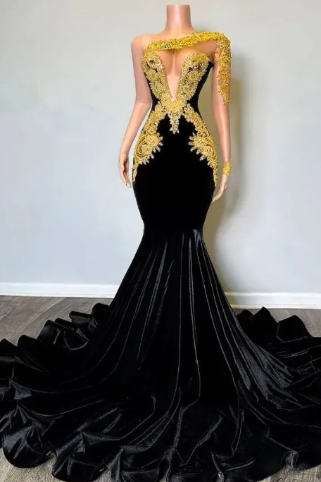 Black Velvet Mermaid Prom Birthday Dresses With Long Sleeve Sheer Mesh Gillter Gold Lace Aso Ebi Evening Occasion Gown