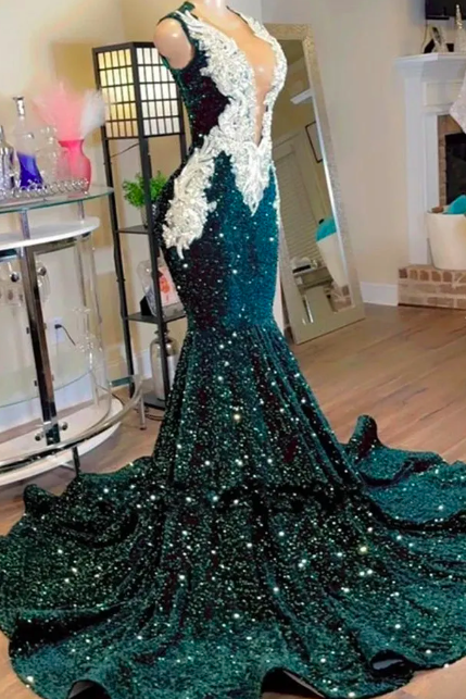 Design 2023 Sparkly Dark Green Mermaid Prom Dresses Sheer Mesh Beads Crystal Rhinestone Sequins Luxury Evening Party Gown