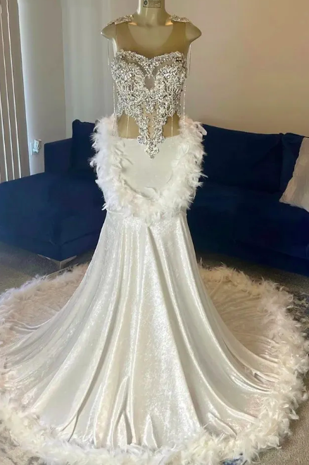 Luxury Mermaid Prom Dresses 2023 Sheer Neck Beads Crystals Tassels Feathers Luxury Evening Birthday Party Gowns Robe De Bal