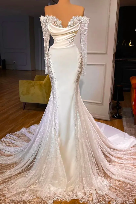 Elegant 2023 Mermaid Wedding Dresses Off The Shoulder Long Sleeve Lace Vestidos De Noiva Bridal Gown Custom Made