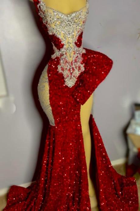 Red Sparkly Evening Dresses Shinning Evening Gowns Side Slit Sexy Prom Dress Evening Party Dresses Crystal Formal Dresses