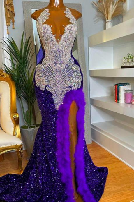 Purple Prom Dresses Sparkly Crystal Beading Side Slit Feather Evening Dresses Sexy Luxury Evening Dresses Formal Evening Gowns