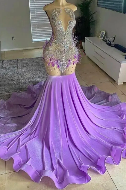 Lavender Velvet Feathers Crystal Beading Prom Dresses Mermaid Luxury Designer African Party Black Girls Bespoke Robe De Bal
