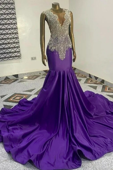 Romantic Purple Sliver Tassels Crystal Beading Prom Dresses Mermaid Luxury Designer Party Black Girls Bespoke Robe De Bal