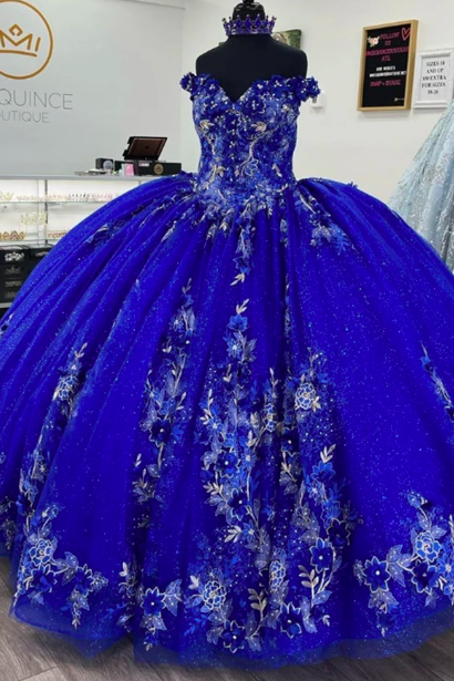 Vintage Royal Blue Ball Gown Quinceanera Dress Beaded Lace Applique Shinning Tulle Sweet 16 Dress Corset Vestidos De 15 Años