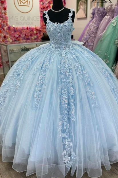 Baby Blue Spaghetti Lace Applique Princess Quinceanera Dresses 2024 Ball Gown Beading Sweet 16 15 Dress Vestido De 15 Años
