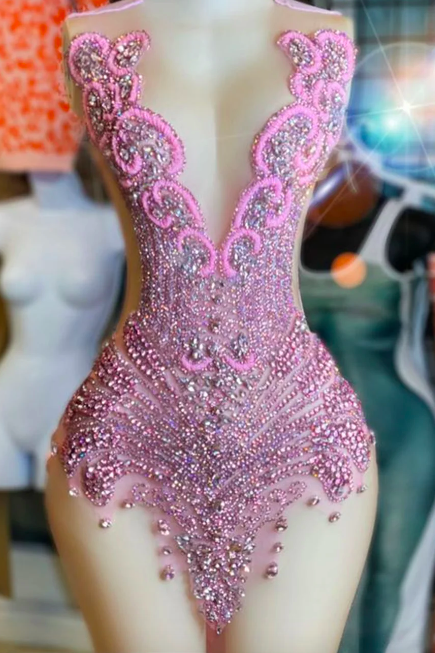 Sparkly Pink Crystals Halter Short Prom Dress African Glitter Rhinestone O Neck Bead Mini Cocktail Party Gown Robe De Bal