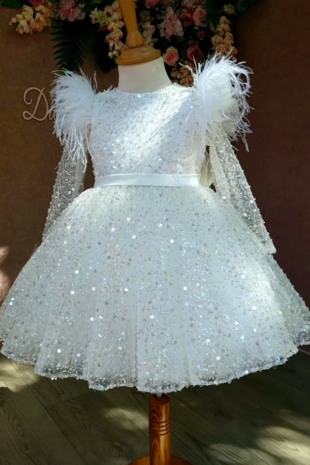White Flower Girl Dress Glitter Beads Feather Bow Evening Party Fluffy Skirt Ball Gown Communion Kid Toddler Tutu