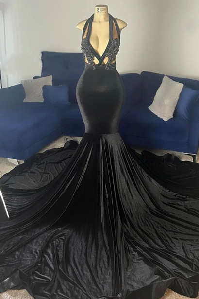 Black Velvet Halter See Thru Mermaid Long Prom Dresses Christmas Elegant Dress For Wedding Party Black Girls Evening Gowns Robe