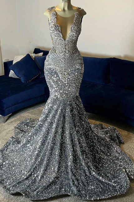 Beauty Grey Sequin Silver Crystal Beading Prom Dresses For Black Girls Luxury Graduation Gown Mermiad Party Dress O Neck Wedding