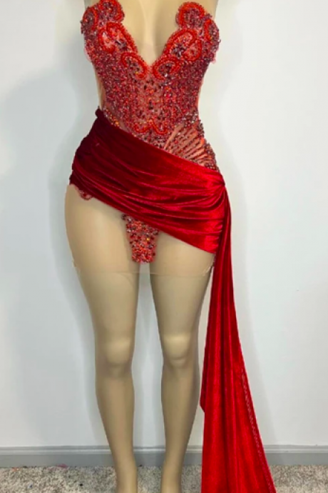 Red Velvet Rainstones Crystal Halter Prom Dress Sexy Mermaid Birthday Dress Black Girl Luxury Mini Cocktail Gown Vestido De Gala