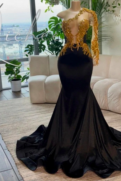 One Shoulder Long Sleeve Gold Applique Prom Dress For Wedding Black Sparkly Gillter Mermaid Birthday Reception Gown Robe De Bal